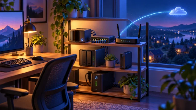 A small home lab with network equipment, a NAS, a backup drive and UPS in a home office.